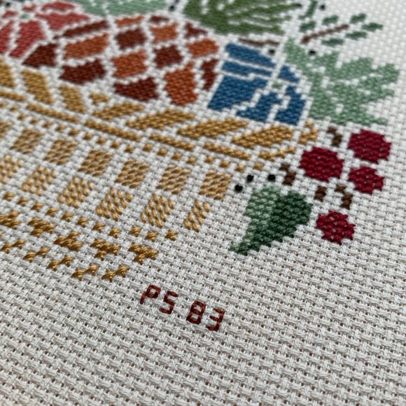 VTG Cross Stitch Fruit Basket Pineapple Grapes Completed Framed Embroidery Art - Picture 3 of 9